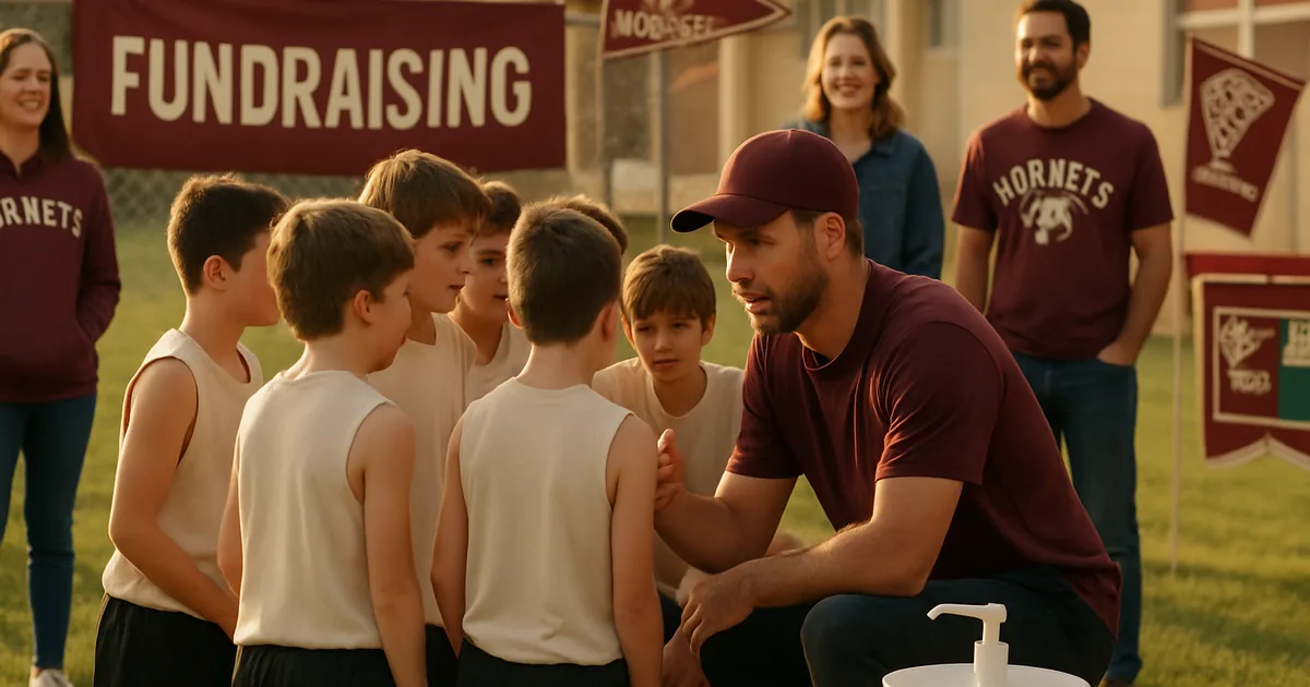 Youth sports team huddled with their coach on a practice field at golden hour