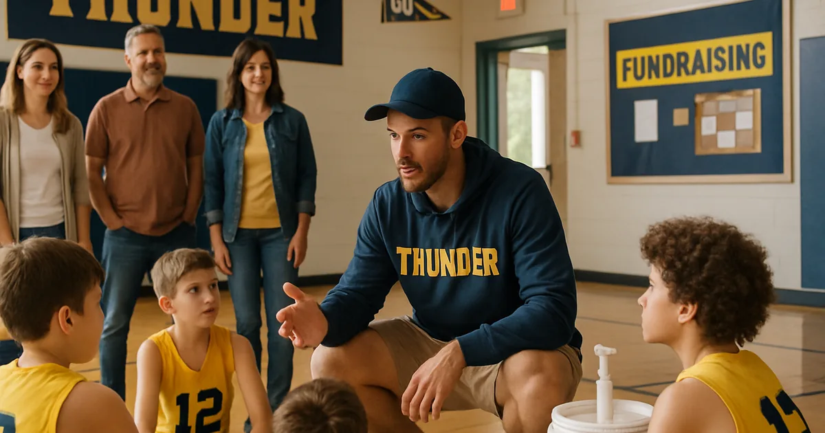 Coach talking with young players and parents seated on a gym floor