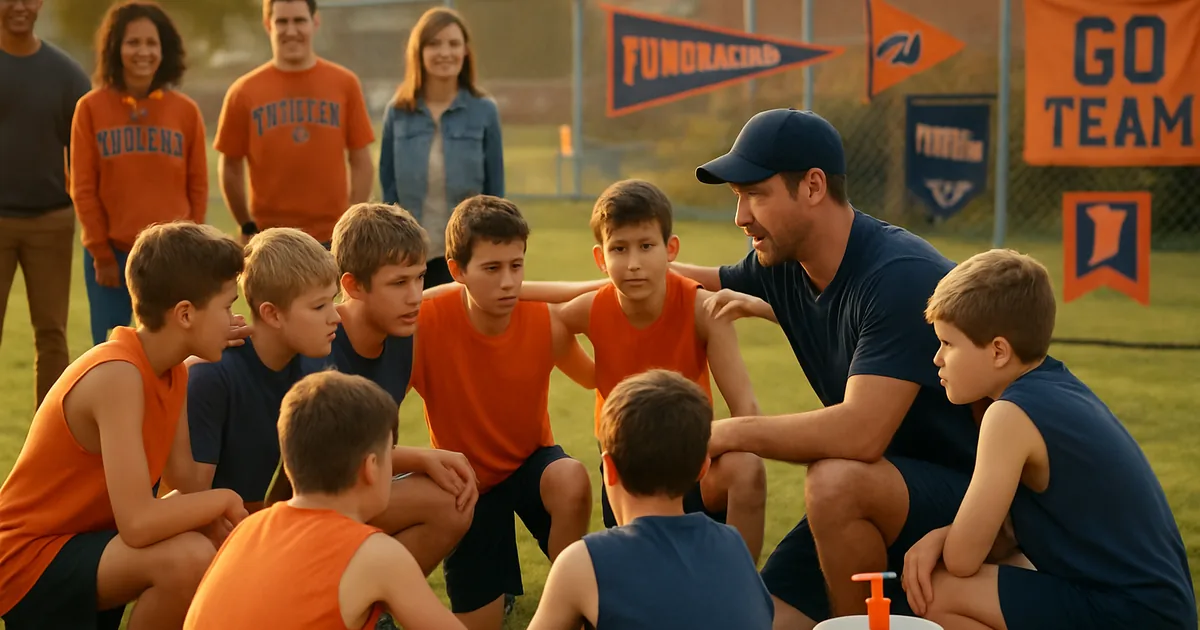 Youth sports team huddled with their coach on a practice field at golden hour