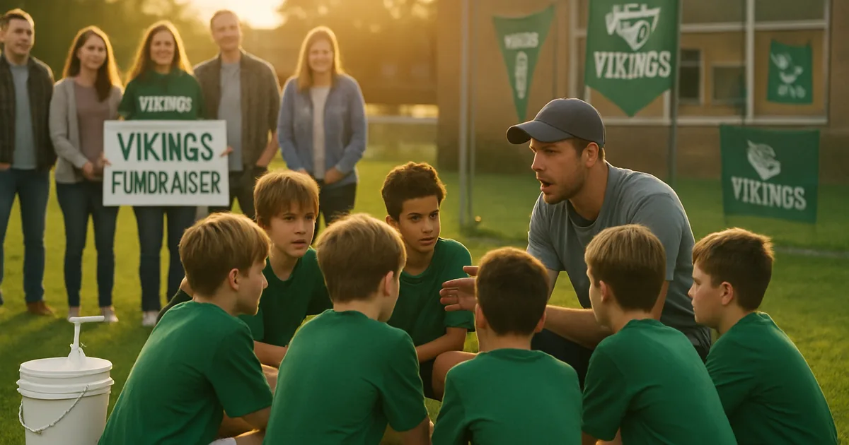 Youth sports team huddled with their coach on a practice field at golden hour