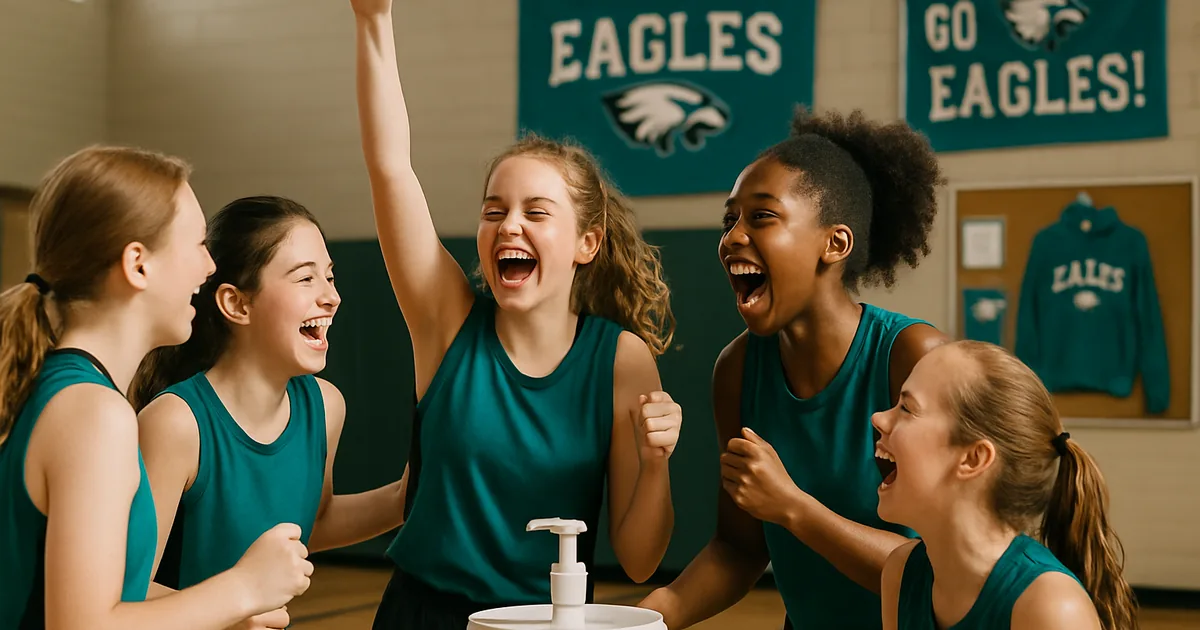 Youth team celebrating together on an indoor court