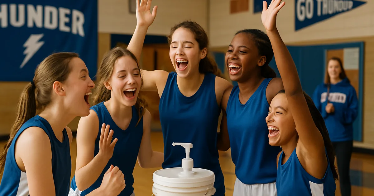 Youth team celebrating together on an indoor court