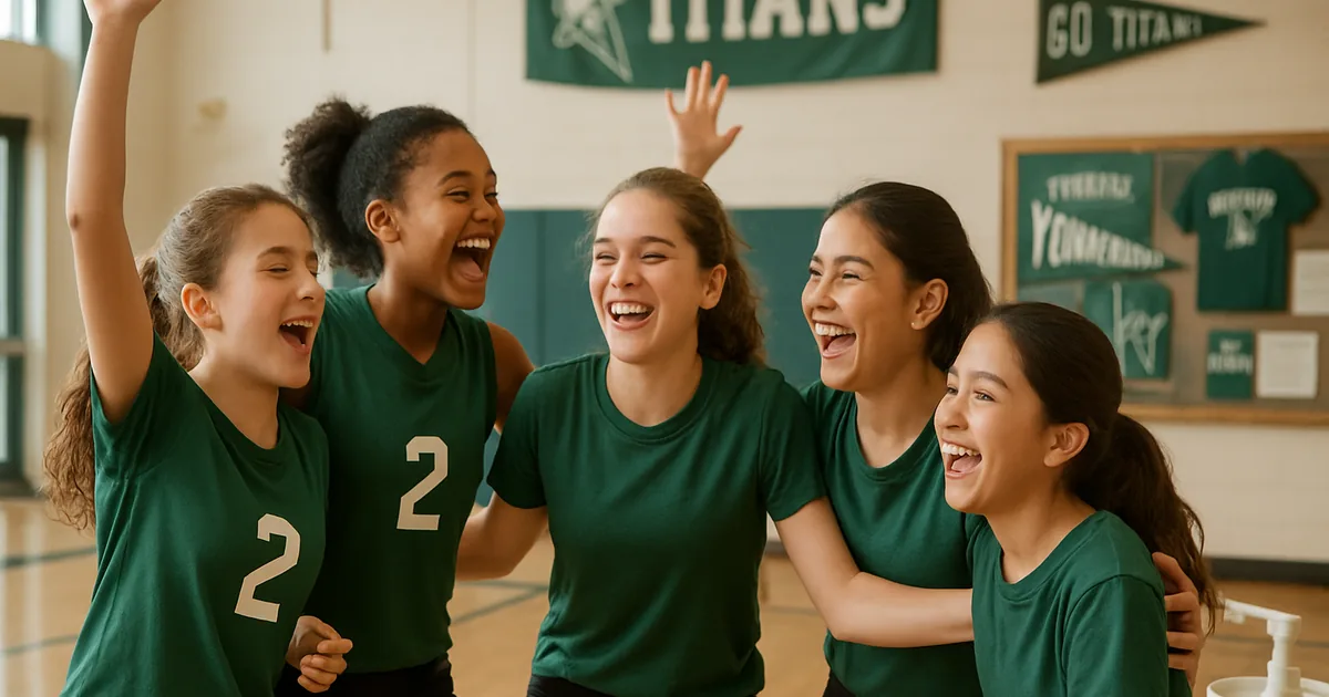 Youth team celebrating together on an indoor court