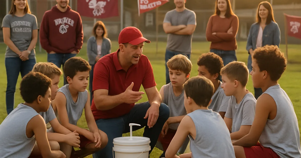 Youth sports team huddled with their coach on a practice field at golden hour