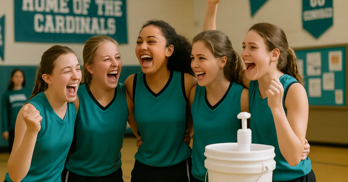 Youth team celebrating together on an indoor court