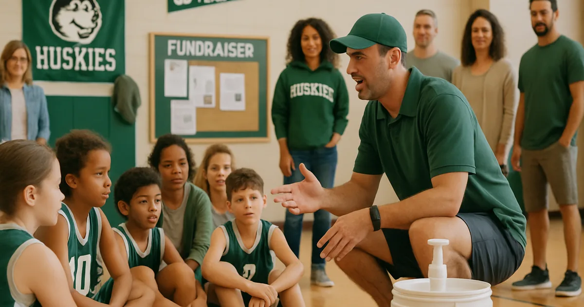 Coach talking with young players and parents seated on a gym floor